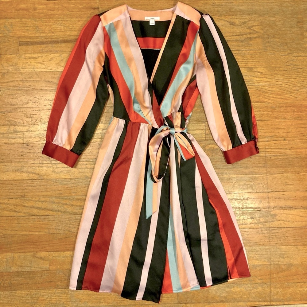 Bar III Silky Mutli Color Striped Wrap Dress